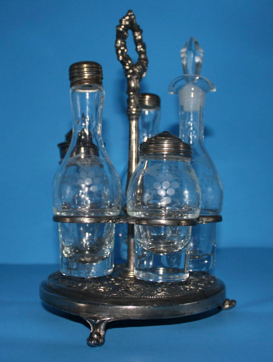 ANTIQUE VICTORIAN 6 BOTTLE ETCHED GLASS CRUET CASTOR SET C.1890