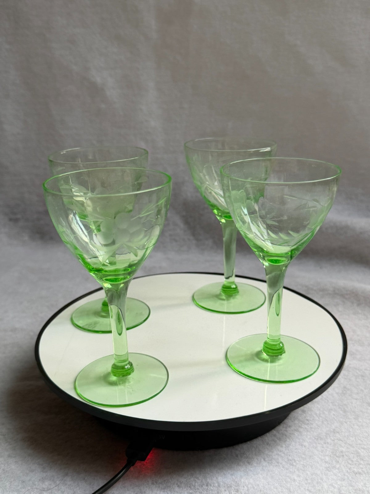 Uranium Glass Cordial Glasses UV Reactive Stemware Set of 4