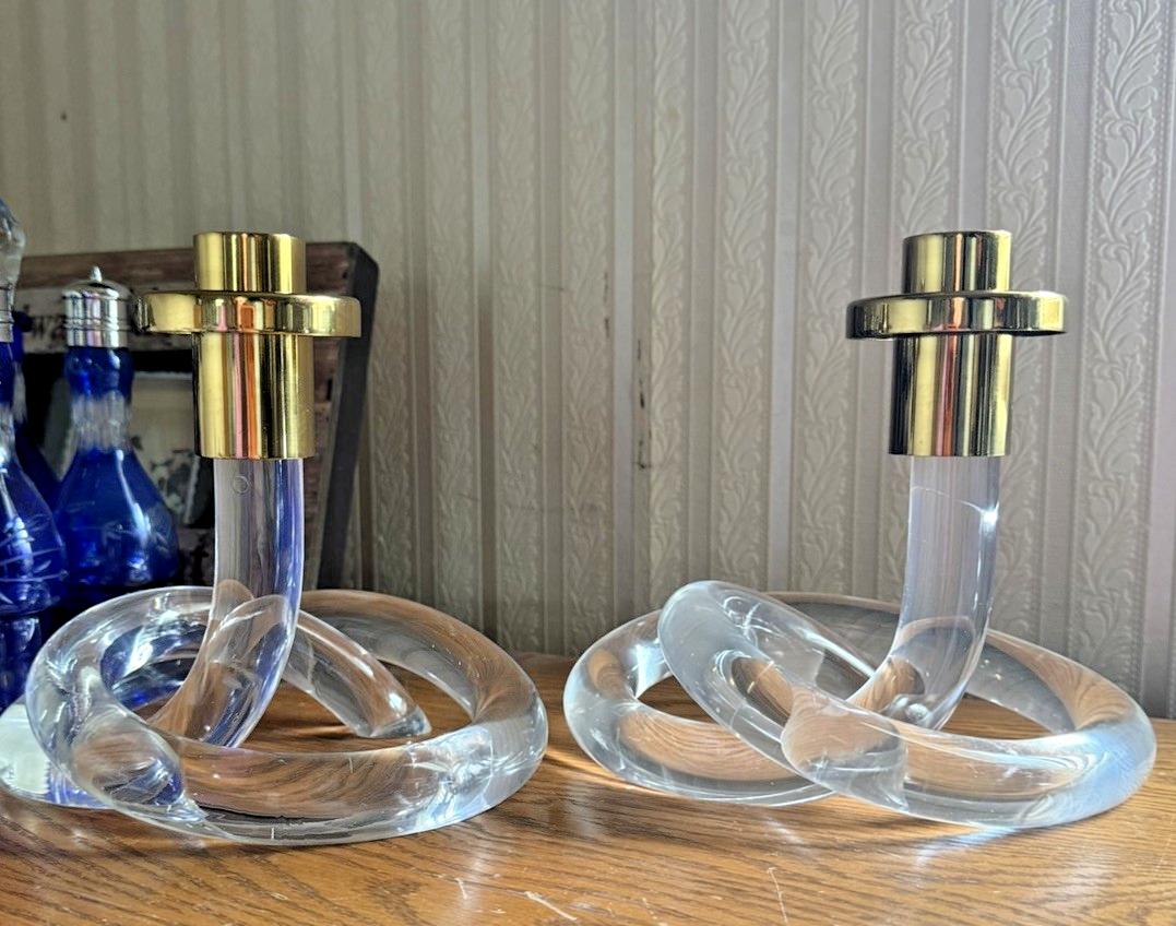 Vintage Dorothy Thorpe Pretzel Lucite Brass Candlesticks MCM Pair