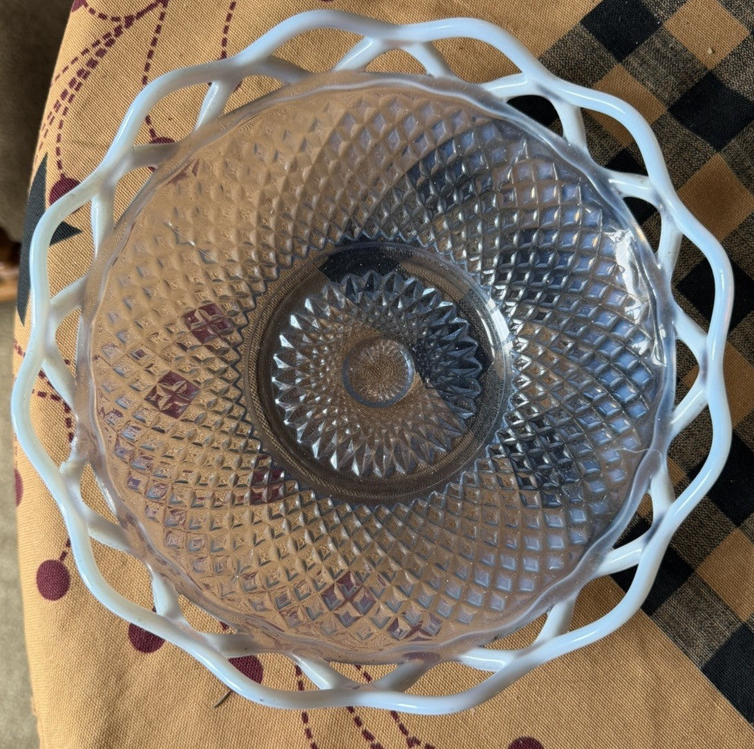 Vintage Imperial Glass Katy Blue Opalescent Lace Edge Bowl Cane Button 6.25”