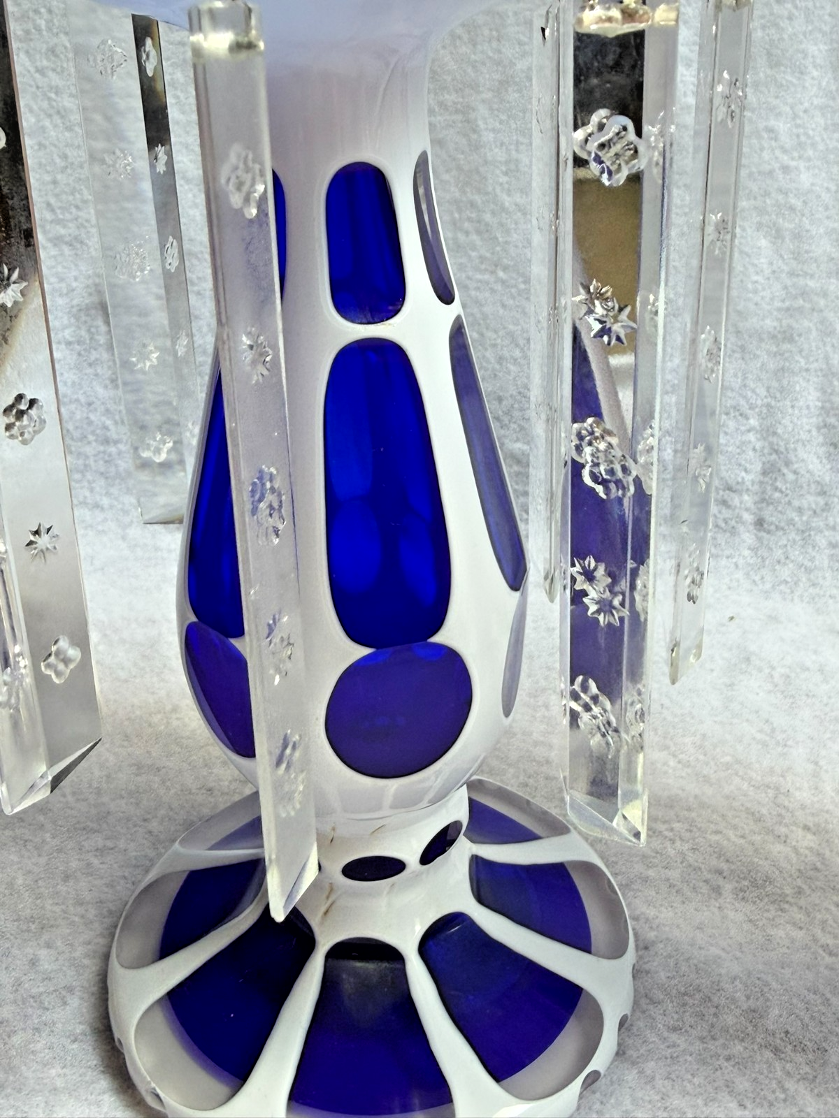 Antique Pair Bohemian Cobalt Blue White Overlay Mantel Lustres Crystal Prisms