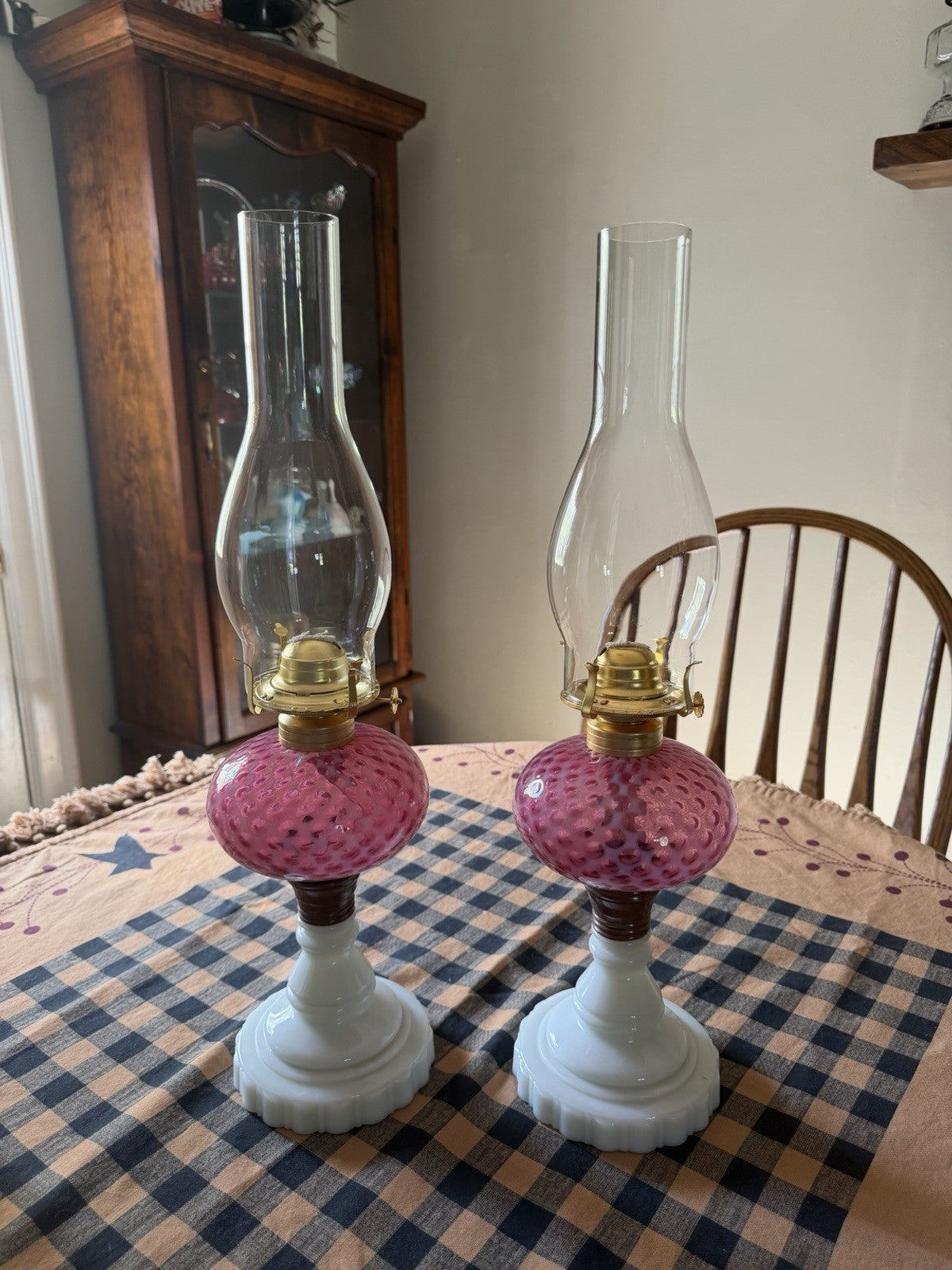 Pair L.G. Wright Fenton Cranberry Opalescent Honeycomb Oil Lamps Milk Glass