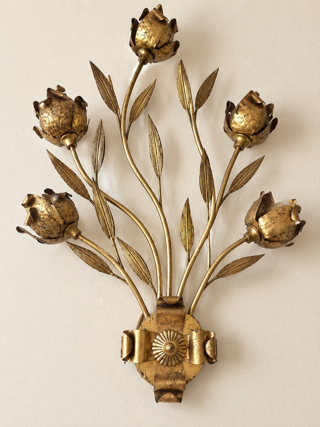 Rare  Hans Kogl Gold Leaf and Tulips Wall Sconce 1970's Hollywood Regency