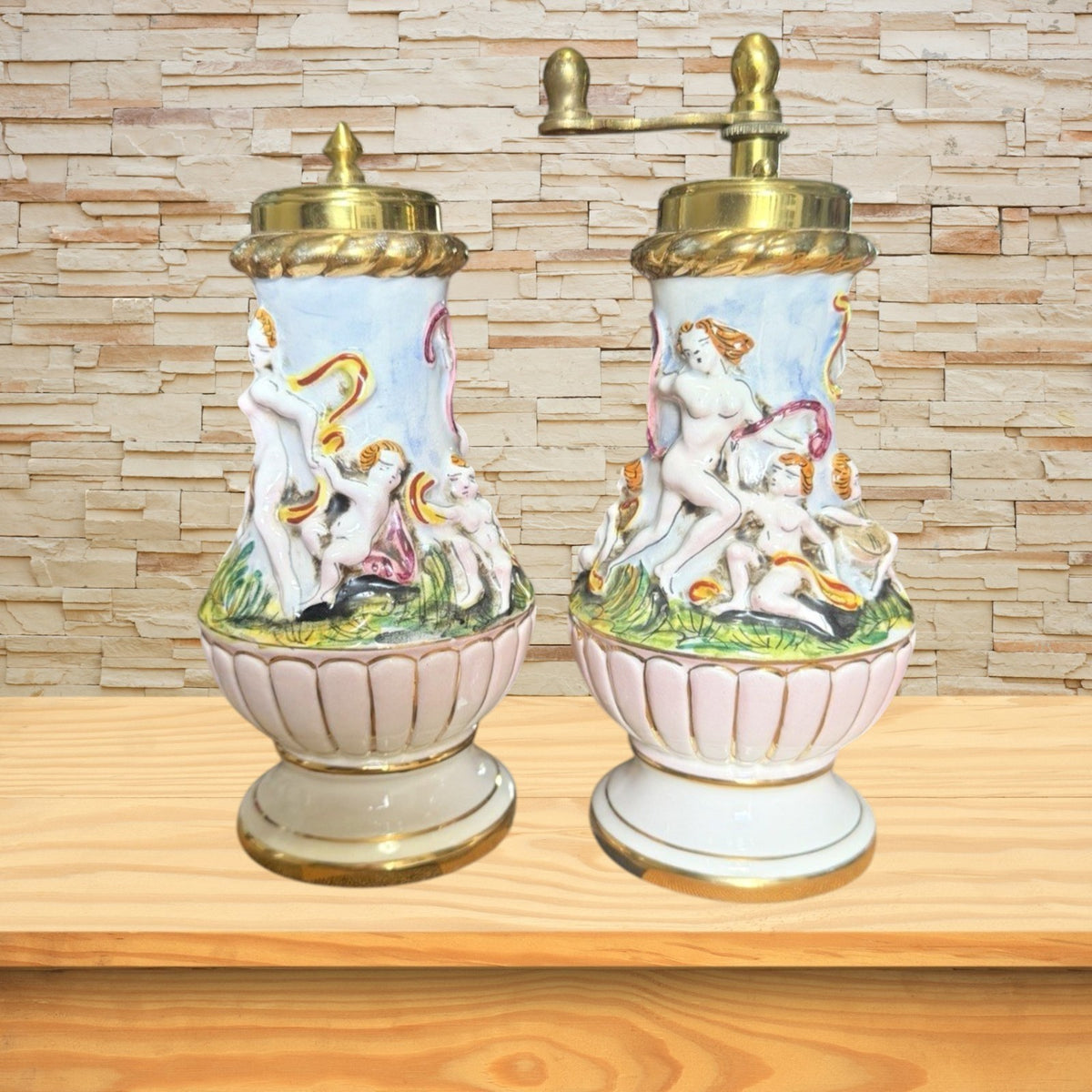 Italian Capodimonte Porcelain Nude Cherub Salt Shaker & Pepper Mill
