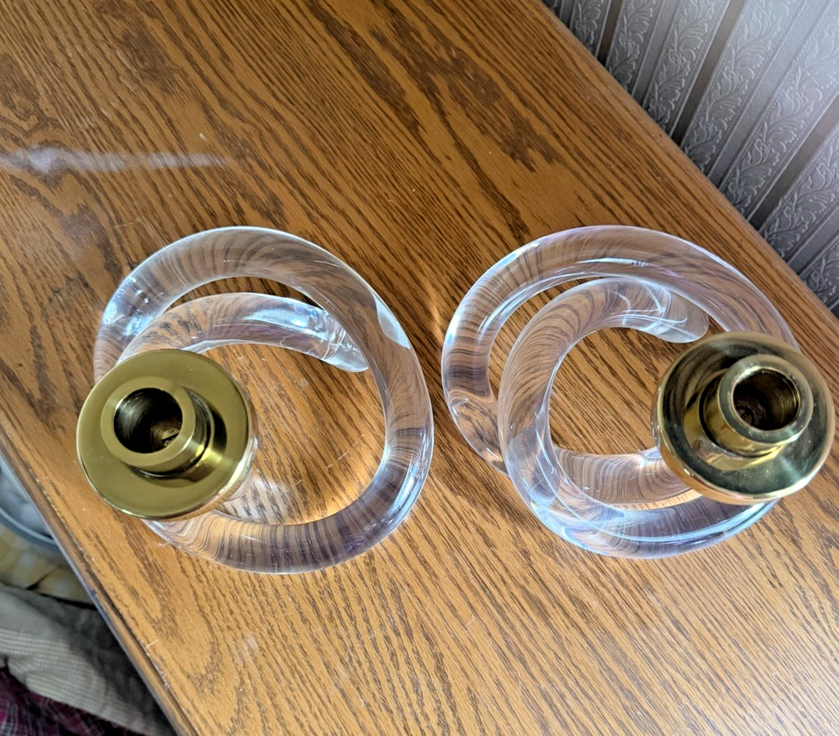 Vintage Dorothy Thorpe Pretzel Lucite Brass Candlesticks MCM Pair