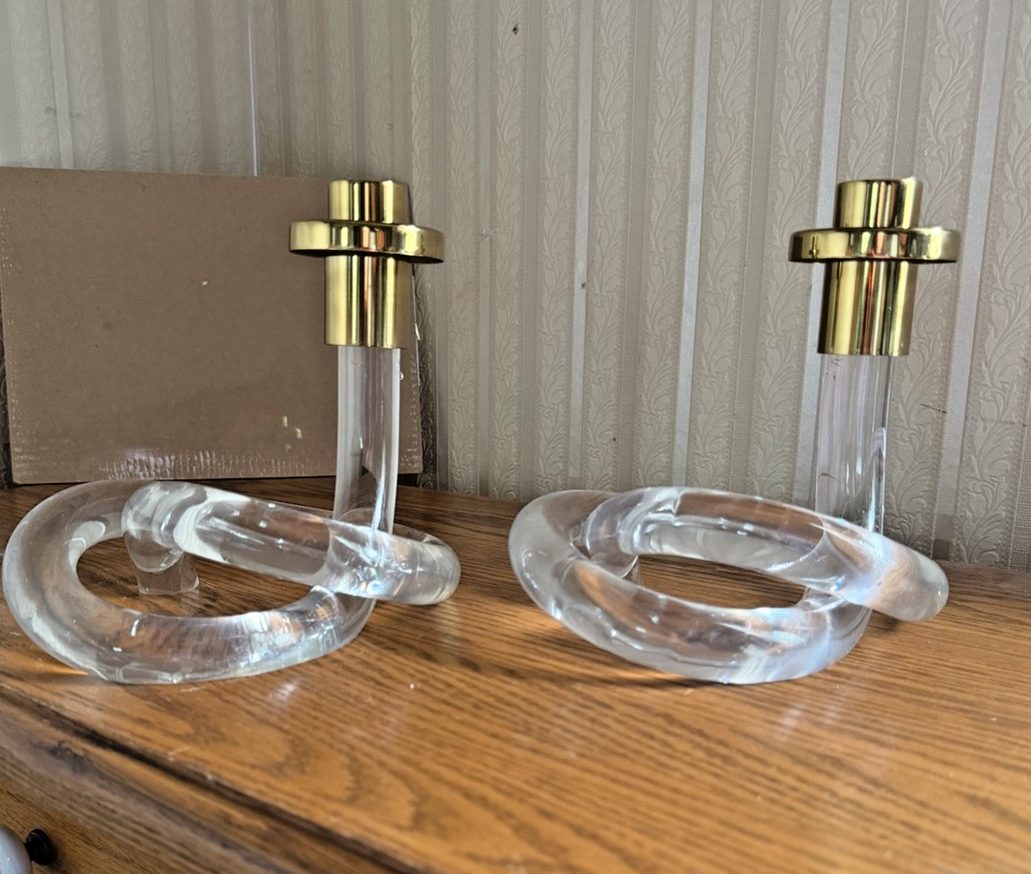 Vintage Dorothy Thorpe Pretzel Lucite Brass Candlesticks MCM Pair