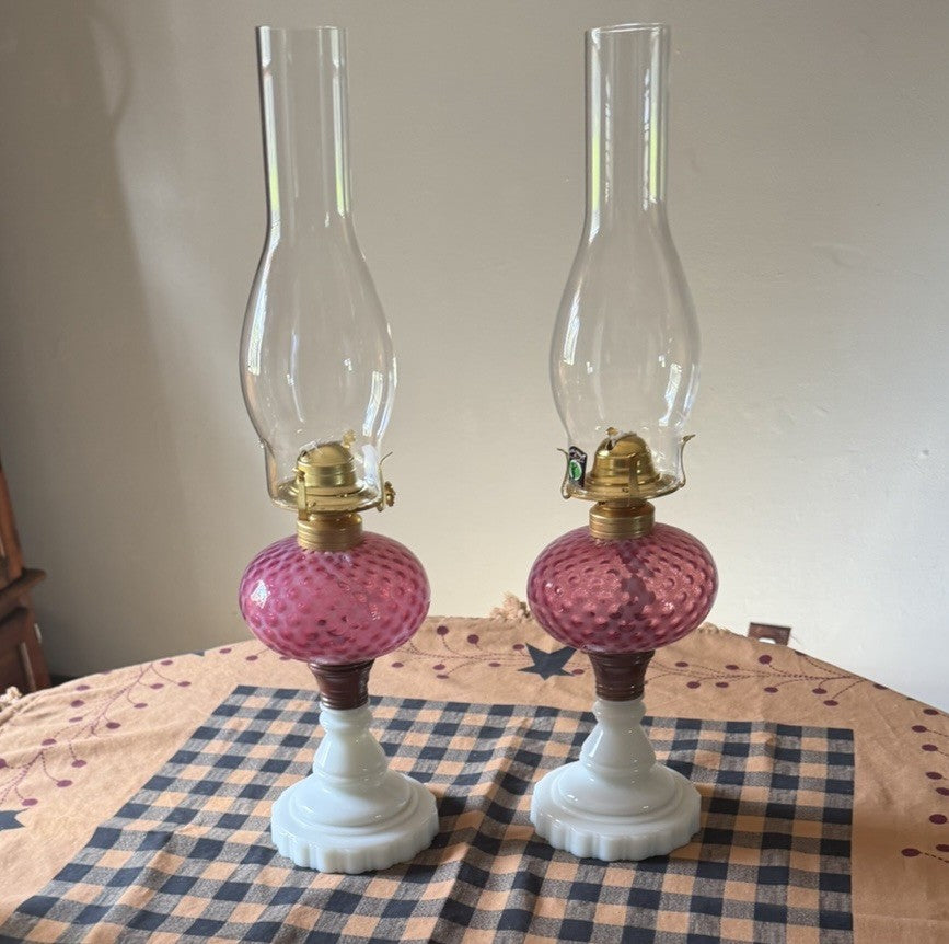 Pair L.G. Wright Fenton Cranberry Opalescent Honeycomb Oil Lamps Milk Glass