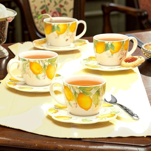 Princess House Marbella Limoncello Lemon Stoneware Tea Cup & Saucer 4 Set