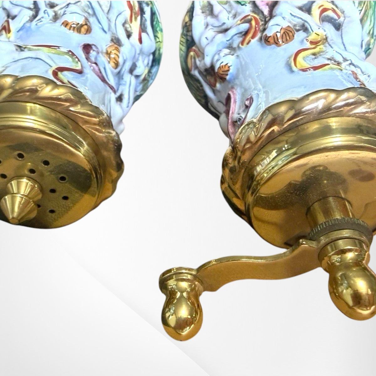 Italian Capodimonte Porcelain Nude Cherub Salt Shaker & Pepper Mill