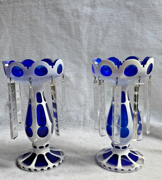 Antique Pair Bohemian Cobalt Blue White Overlay Mantel Lustres Crystal Prisms