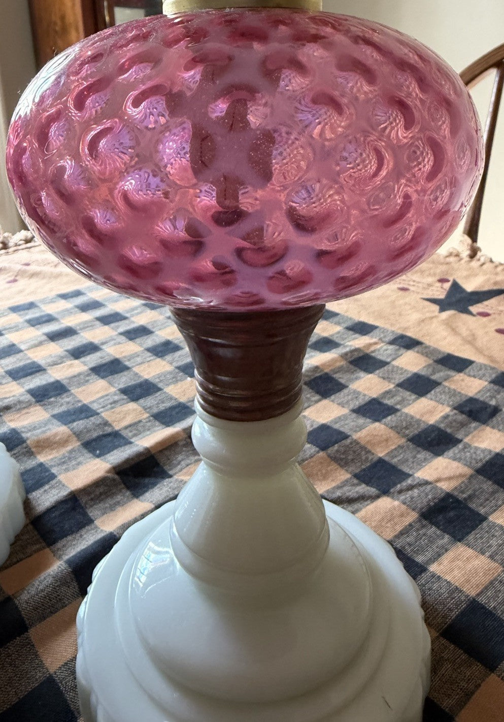 Pair L.G. Wright Fenton Cranberry Opalescent Honeycomb Oil Lamps Milk Glass