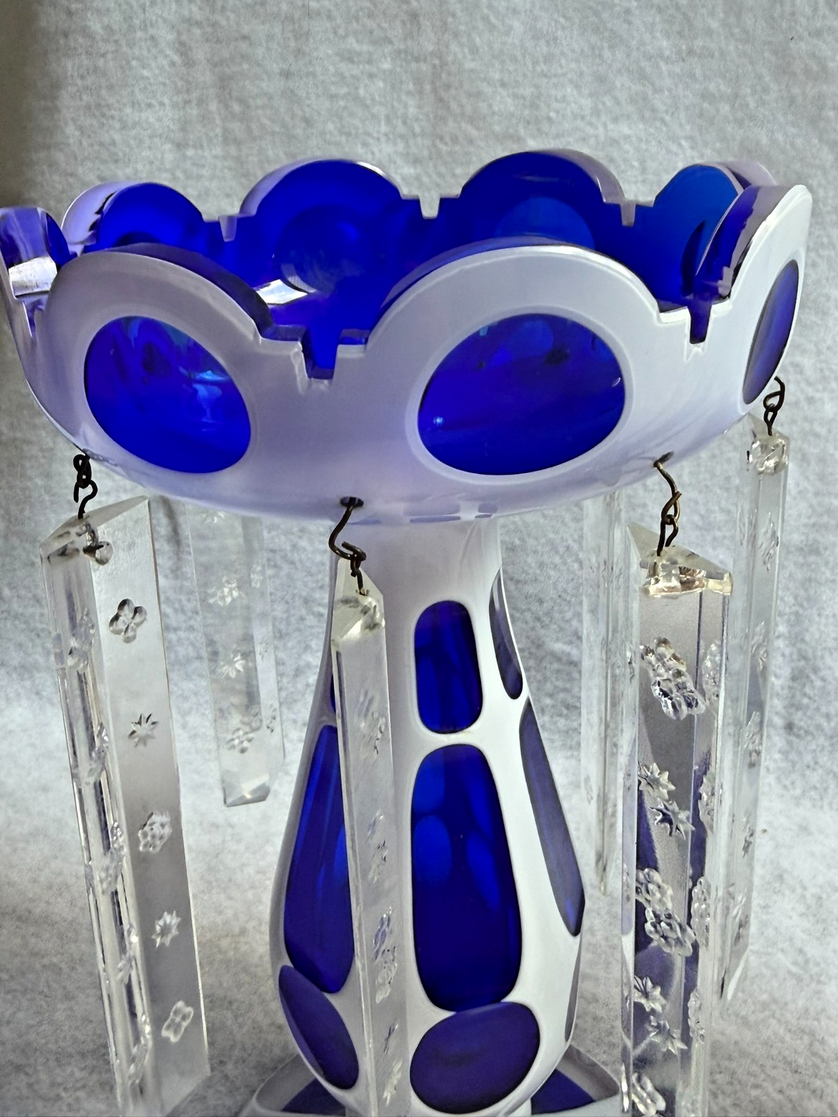 Antique Pair Bohemian Cobalt Blue White Overlay Mantel Lustres Crystal Prisms
