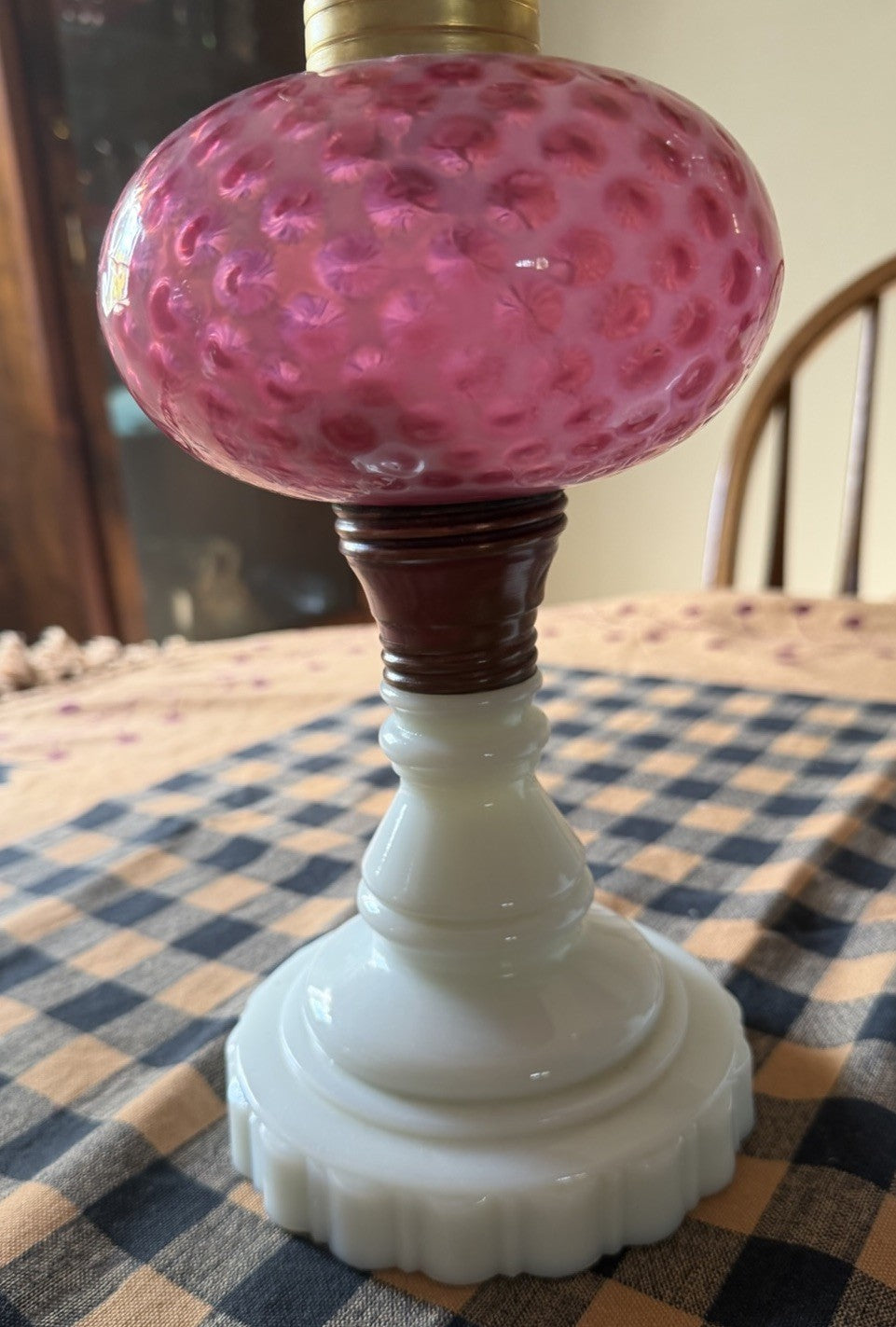 Pair L.G. Wright Fenton Cranberry Opalescent Honeycomb Oil Lamps Milk Glass