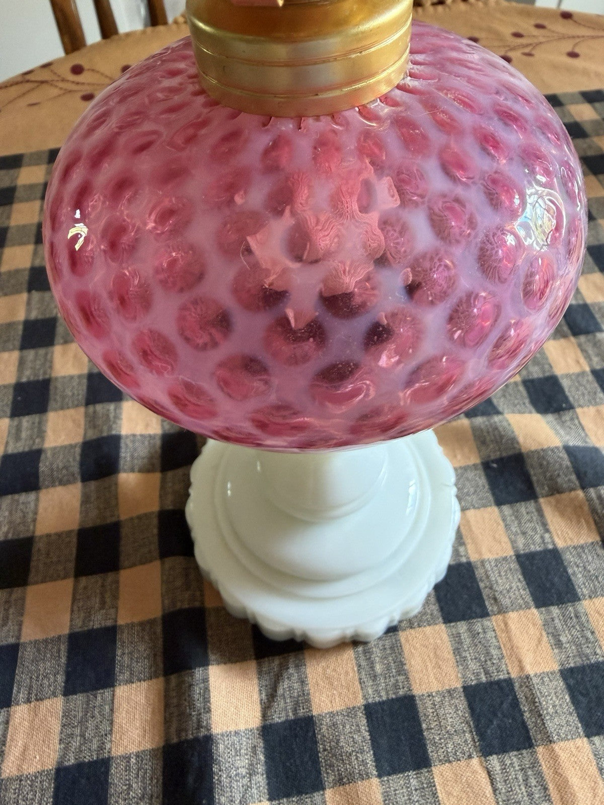 Pair L.G. Wright Fenton Cranberry Opalescent Honeycomb Oil Lamps Milk Glass