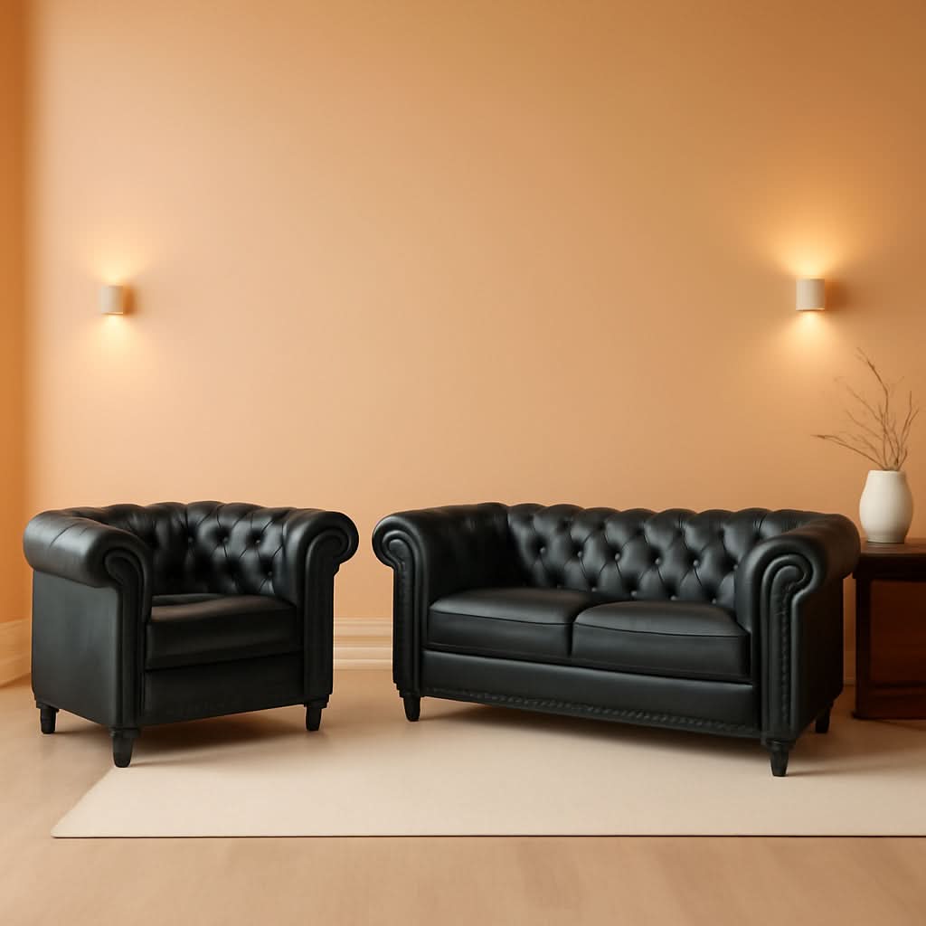 Two Piece Chesterfield Leather Living Room Set With Black Leather Loveseat And Chair