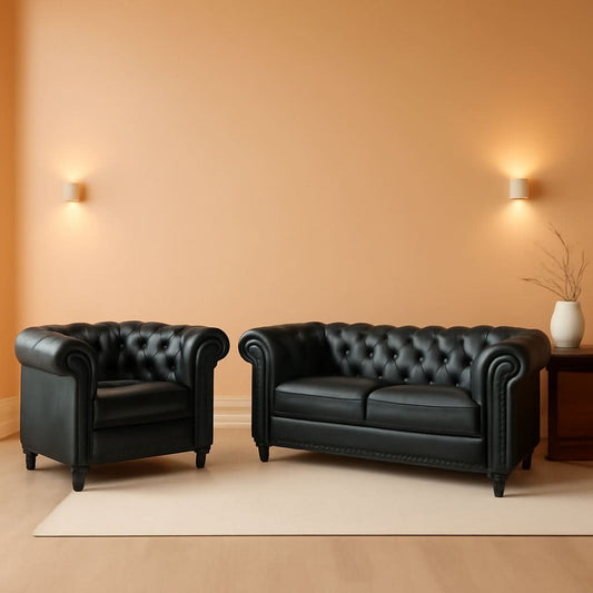 Two Piece Chesterfield Leather Living Room Set With Black Leather Loveseat And Chair