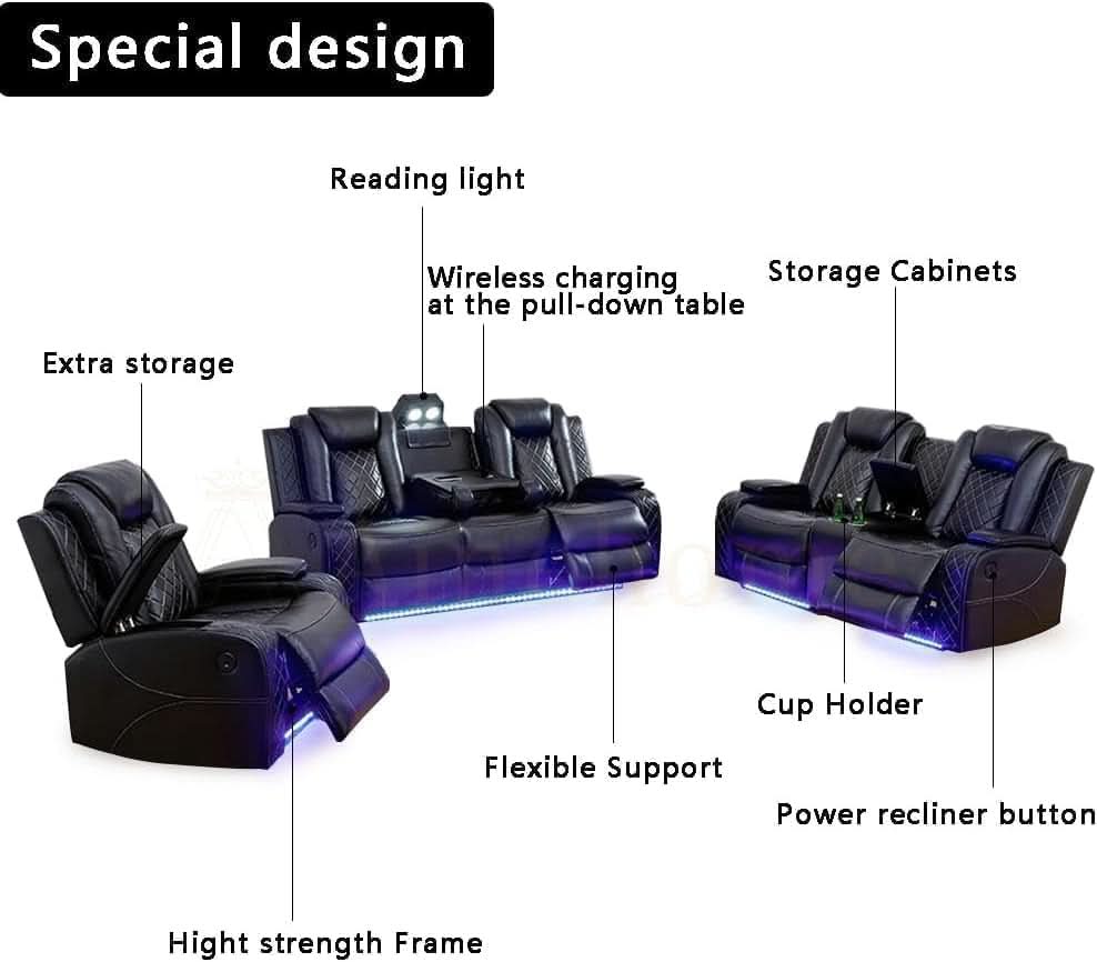 Black 3Piece Power Recliner Sofa Set With LED Light