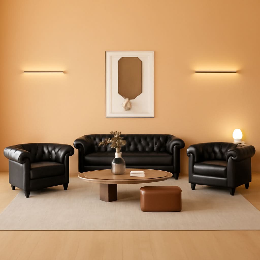 Three Piece Living Room Furniture Set With Faux Leather Chesterfield Sofa Club Chair And Loveseat In Black