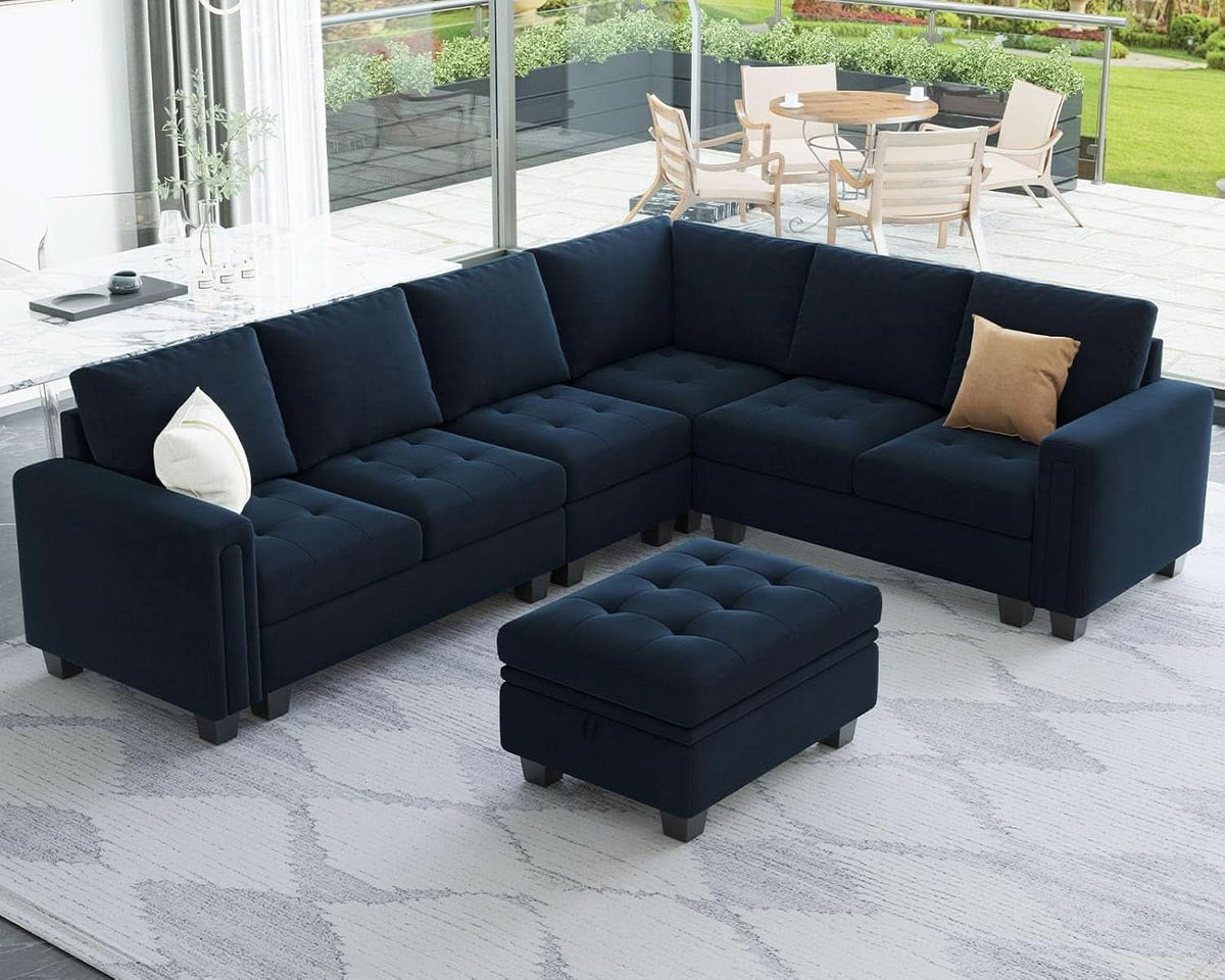 Velvet L Shaped Sofa Reversible Chaise Storage Ottoman Blue