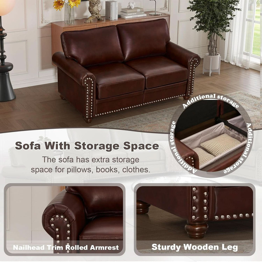 3 Piece Faux Leather Sofa Set With Storage In Burgundy Mid Century Modern Living Room