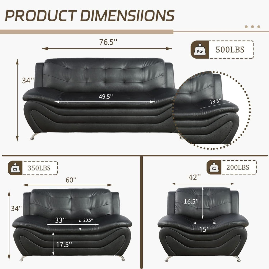 3 Piece Faux Leather Sofa Set For Living Room Black 3 Seater Sofa Loveseat Armchair