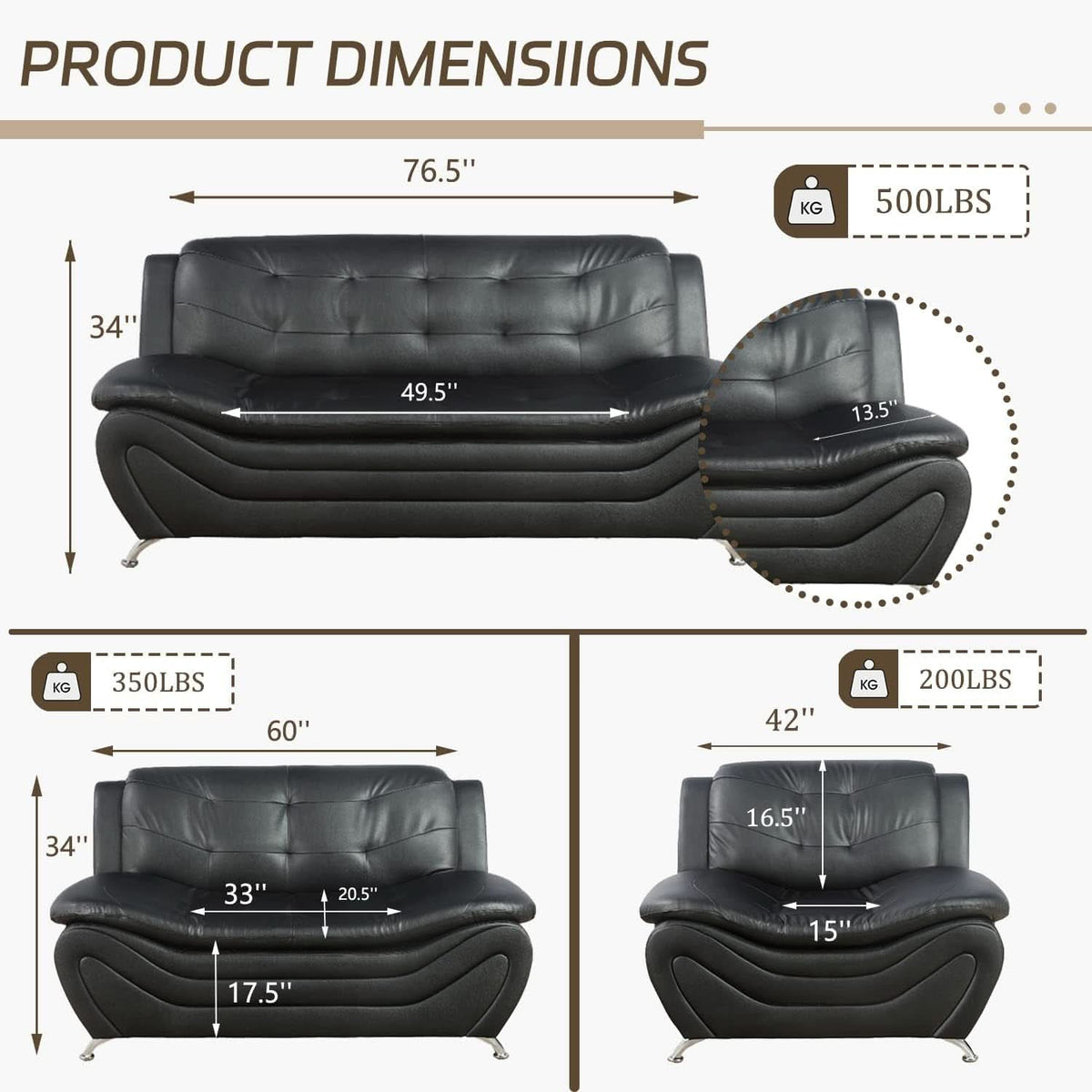3 Piece Faux Leather Sofa Set For Living Room Black 3 Seater Sofa Loveseat Armchair