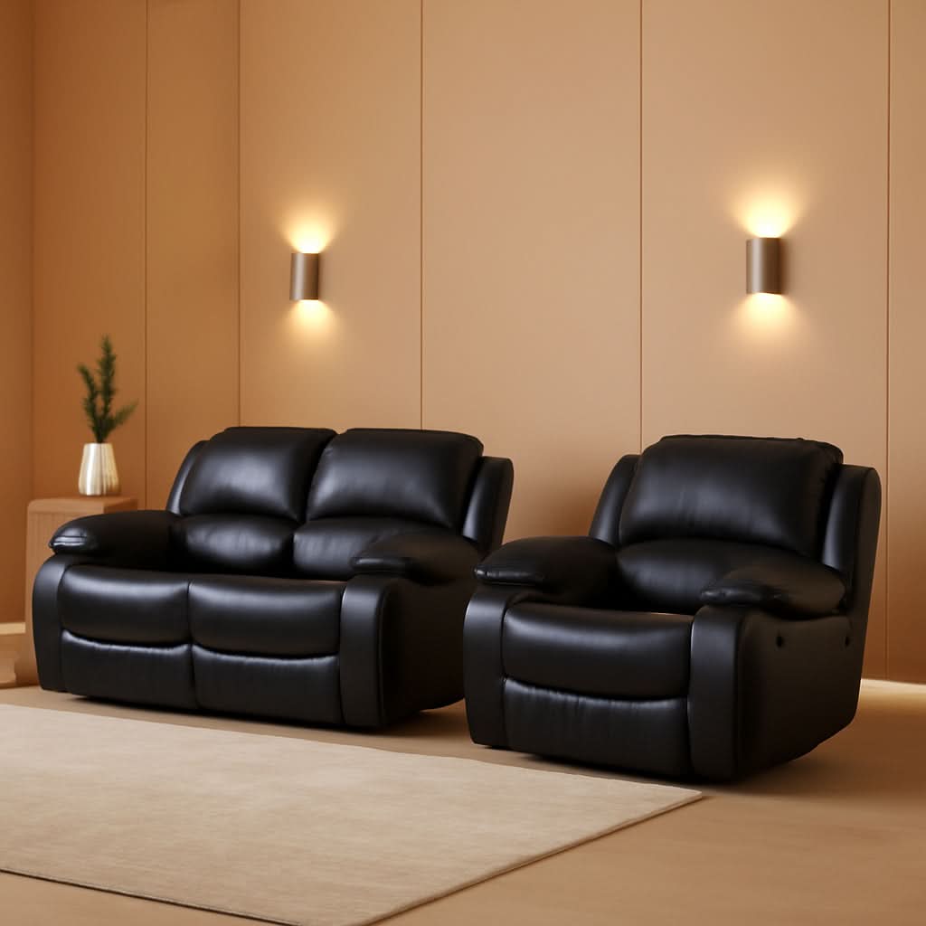 2Piece Bonded Leather Recliner Sofa And Loveseat Set Black 8018 With Pocket Coil Cushions