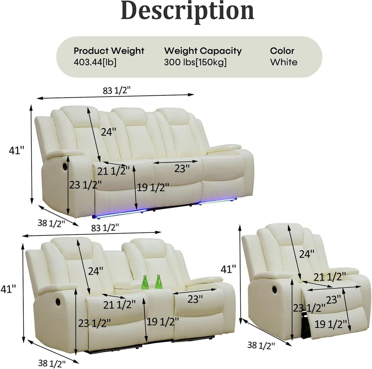 Power Recliner Set With LED Lights And USB Charging Ivory White