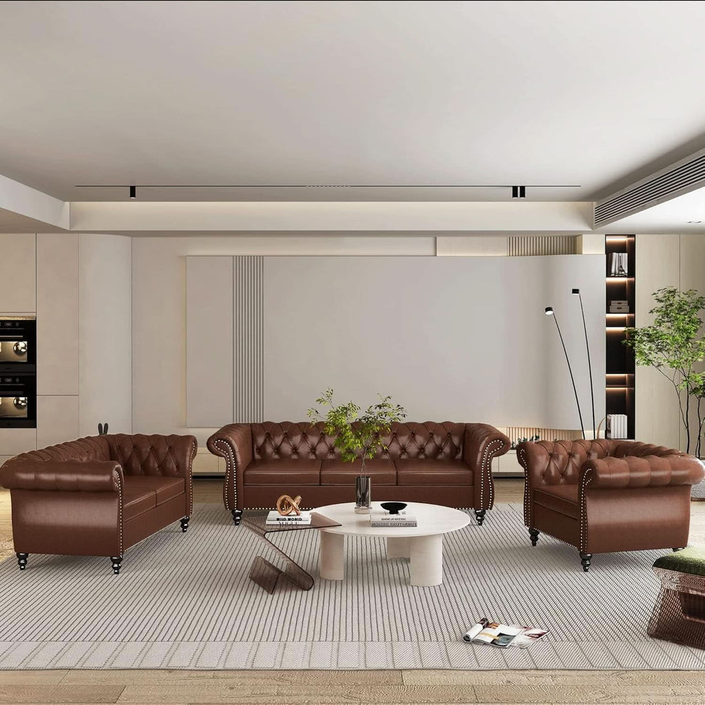 3 Piece Living Room Set With Sectional Chesterfield Sofa Chair And Leather Upholstered Loveseat