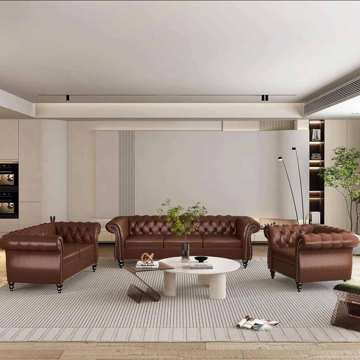 3 Piece Living Room Set With Sectional Chesterfield Sofa Chair And Leather Upholstered Loveseat