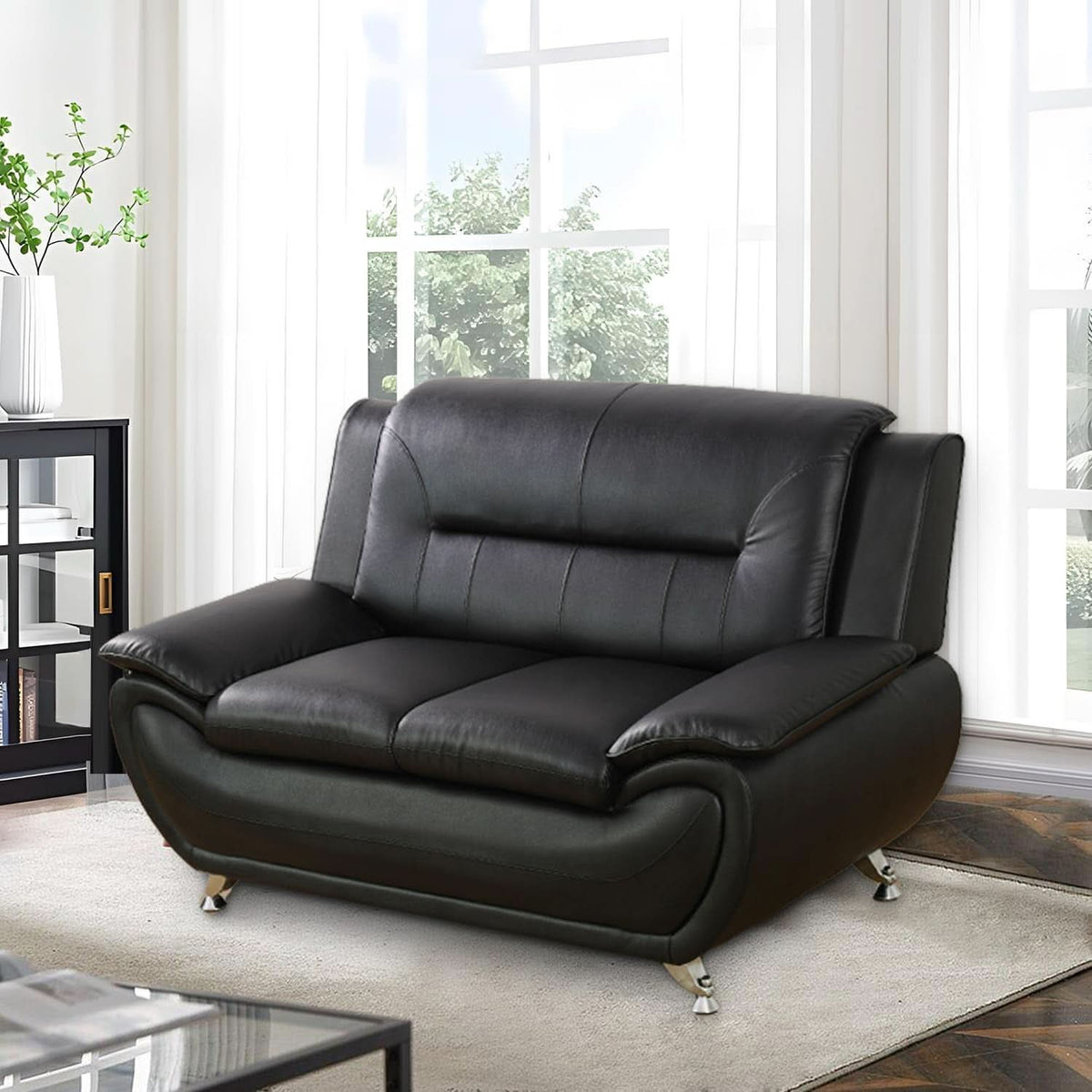 Faux Leather 3 Piece Modern Living Room Sofa Set Black
