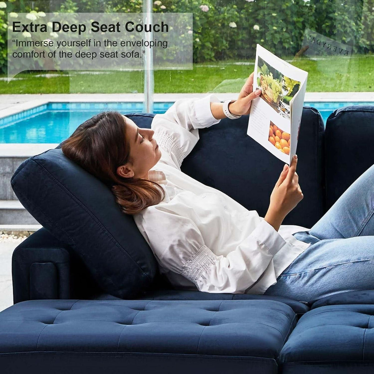 Velvet L Shaped Sofa Reversible Chaise Storage Ottoman Blue