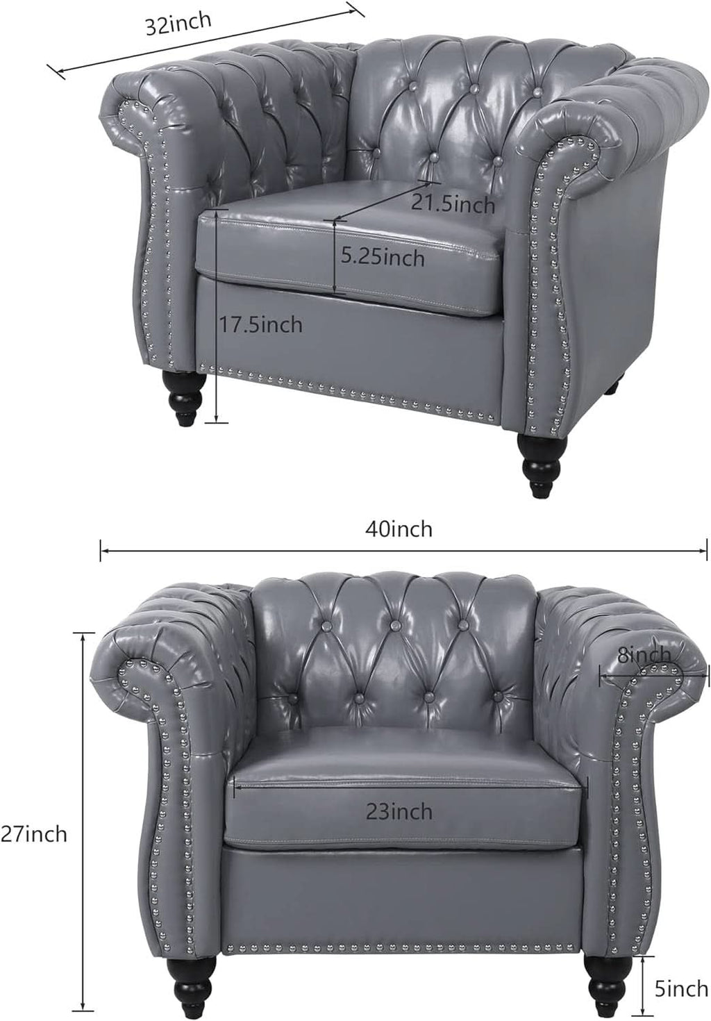 Grey Chesterfield Leather Living Room Set With Scroll Arms