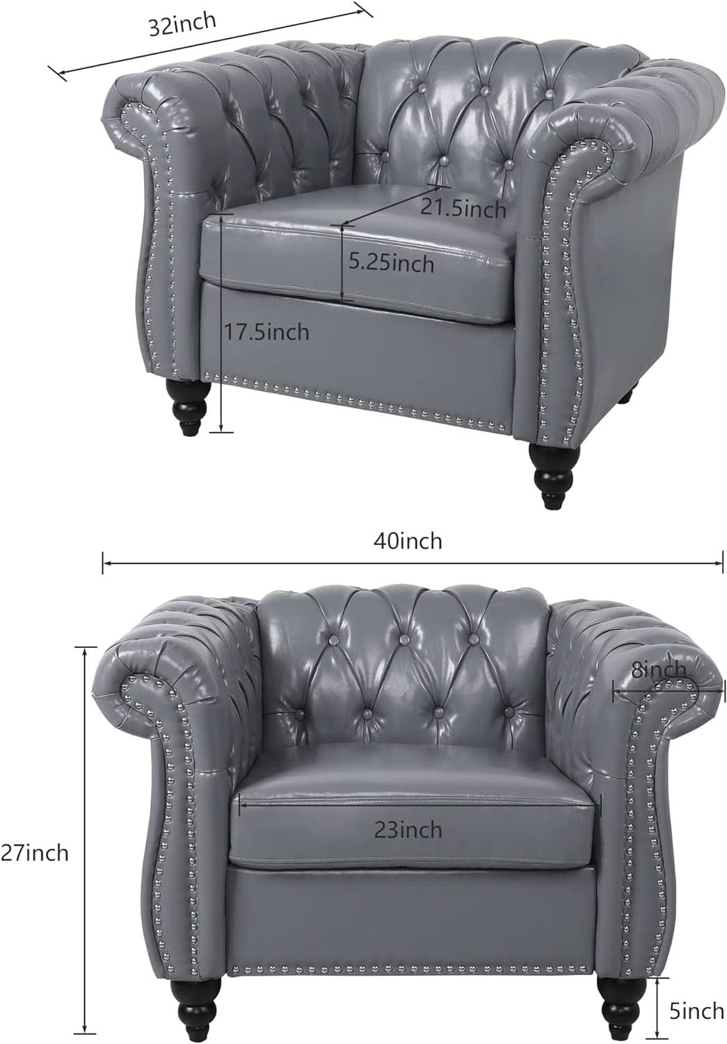 Grey Chesterfield Leather Living Room Set With Scroll Arms
