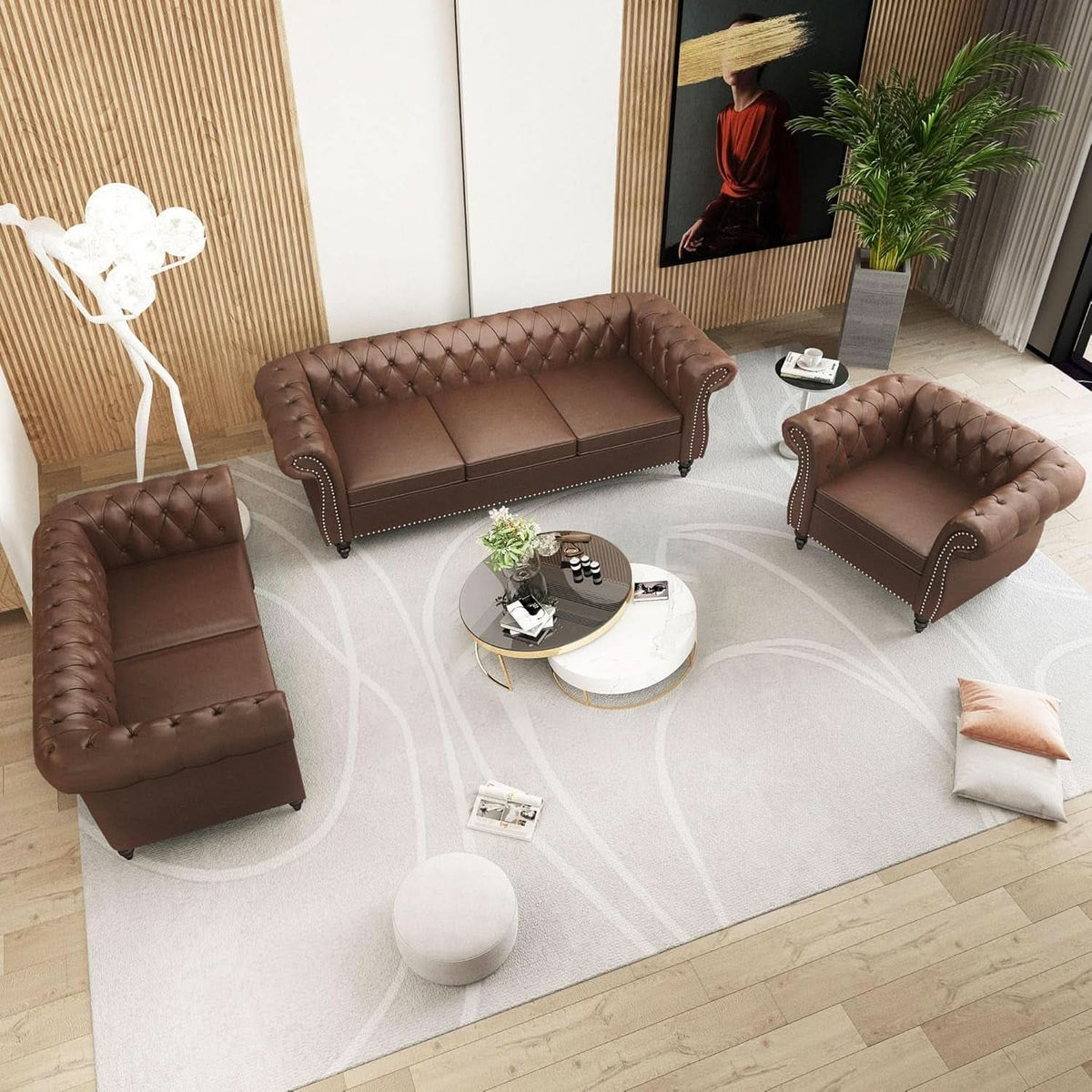 3 Piece Living Room Set With Sectional Chesterfield Sofa Chair And Leather Upholstered Loveseat