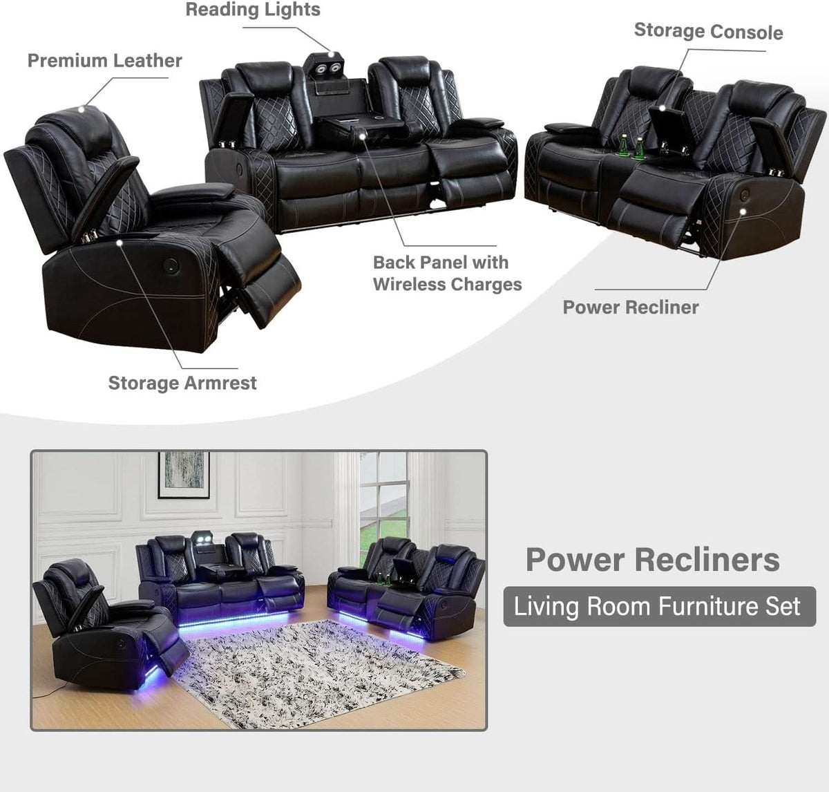 Power Reclining Leather Sofa Set With USB Ports Black