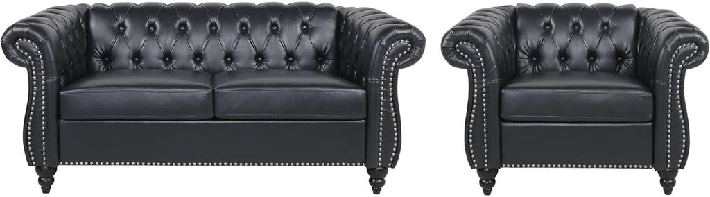 2 Piece Living Room Sofa Set Black Faux Leather Club Chair And Chesterfield Loveseat