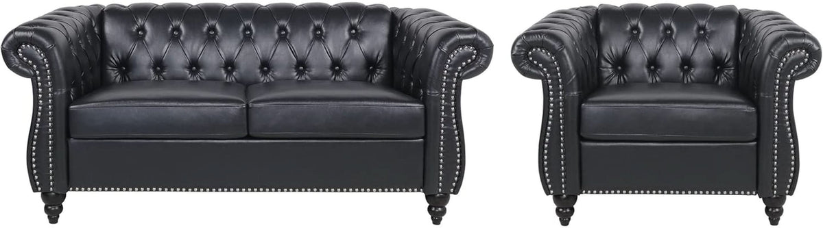2 Piece Living Room Sofa Set Black Faux Leather Club Chair And Chesterfield Loveseat