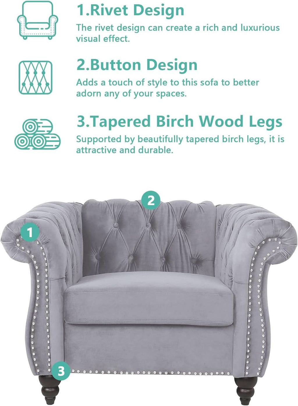3 Piece Velvet Living Room Set Sectional Chesterfield Sofa Upholstered Loveseat And Chair