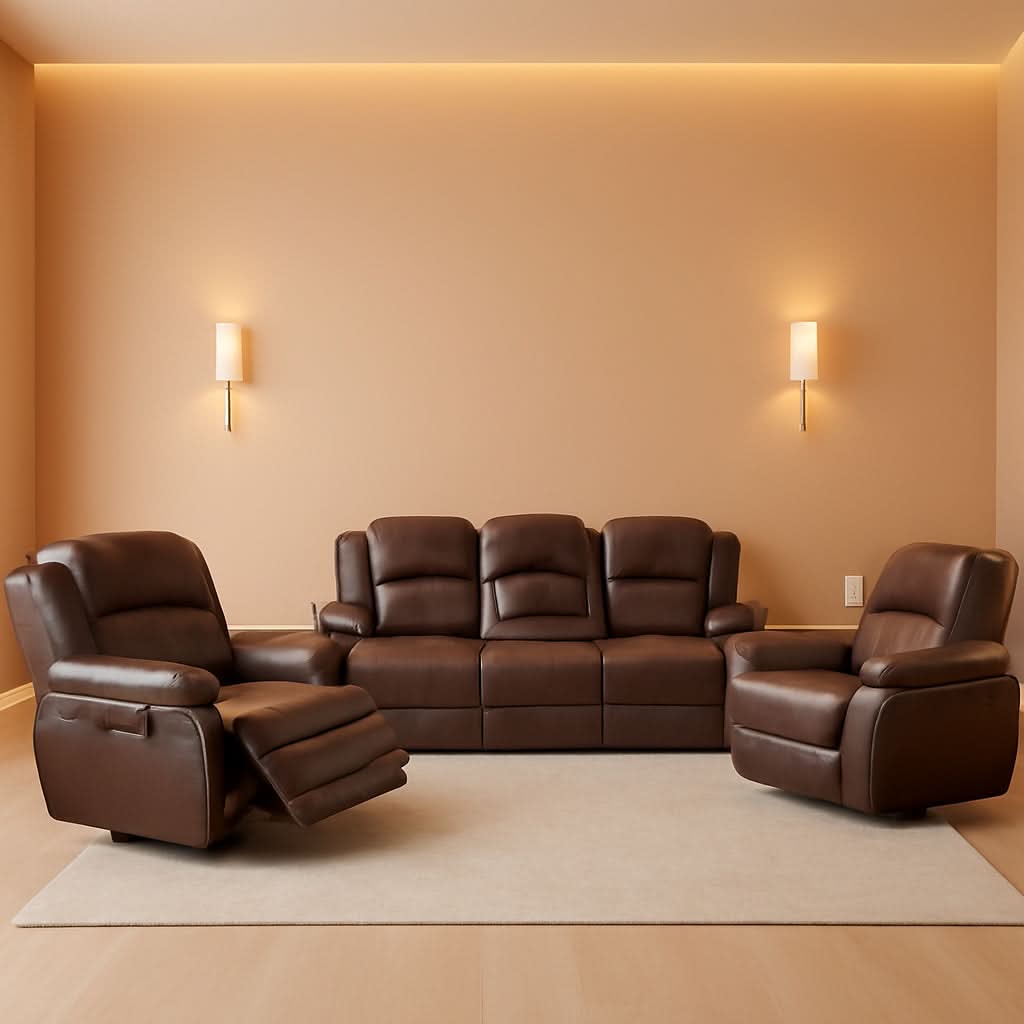Manual Recliner Sofa Set Bonded Leather With Storage Console Brown 3 Piece