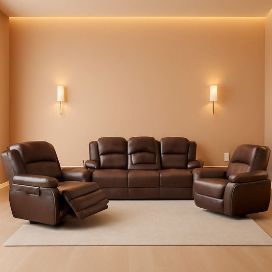 Manual Recliner Sofa Set Bonded Leather With Storage Console Brown 3 Piece
