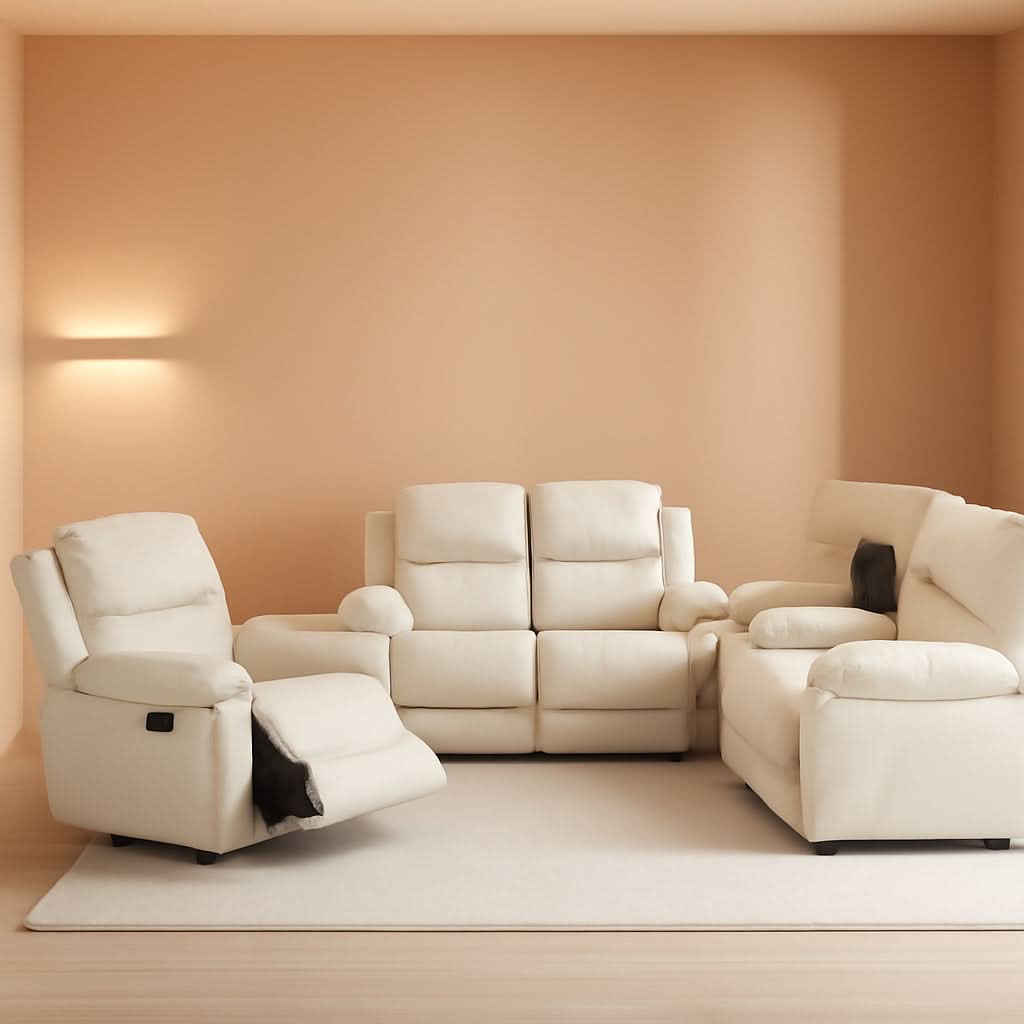 Beige Faux Leather Reclining Sofa Set With Storage Console
