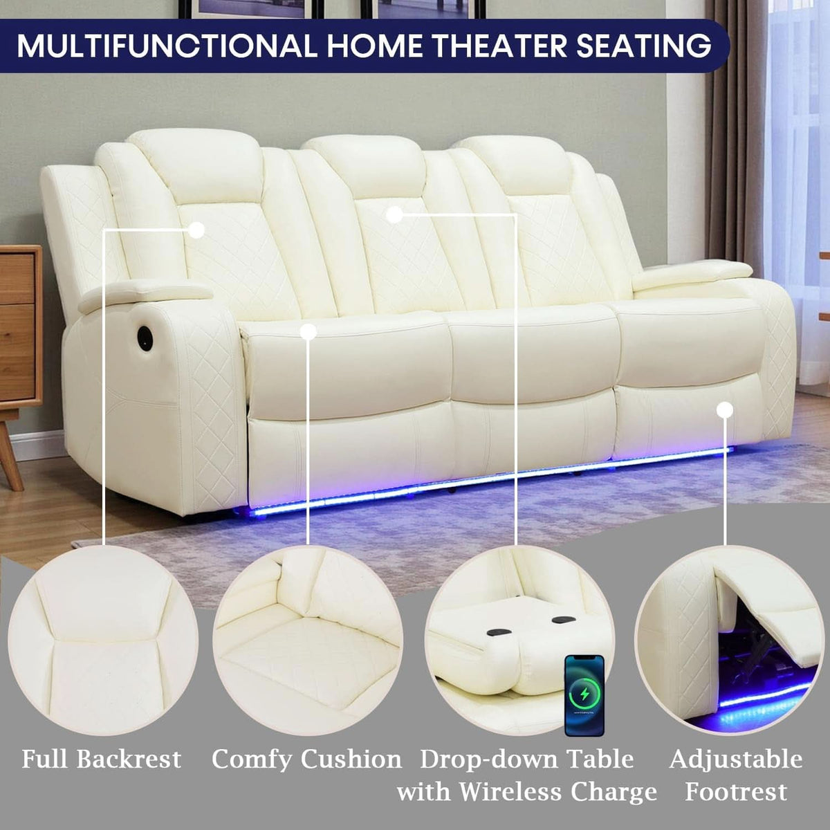Power Recliner Sofa Set With LED Lights Creamy Finish