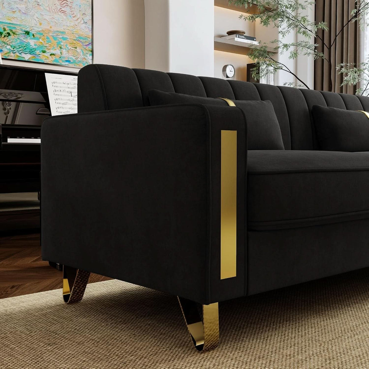 Two Piece Loveseat Sofa Set For Living Room 86 Inch Black Velvet Upholstery Quality Living Room Furniture