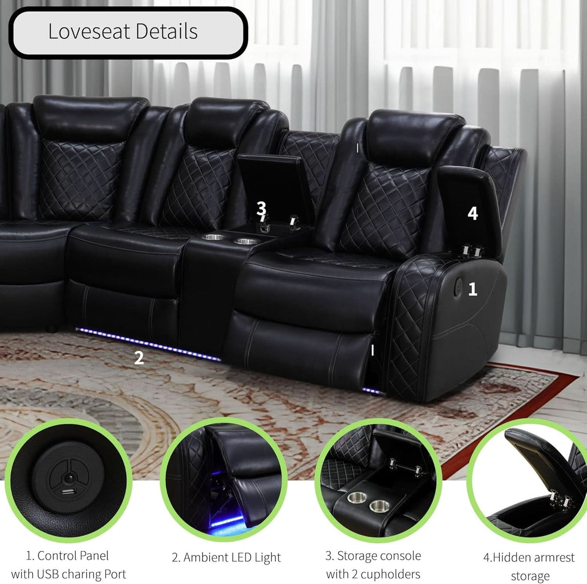 Power Recliner Sectional Sofa Black With LED Lights