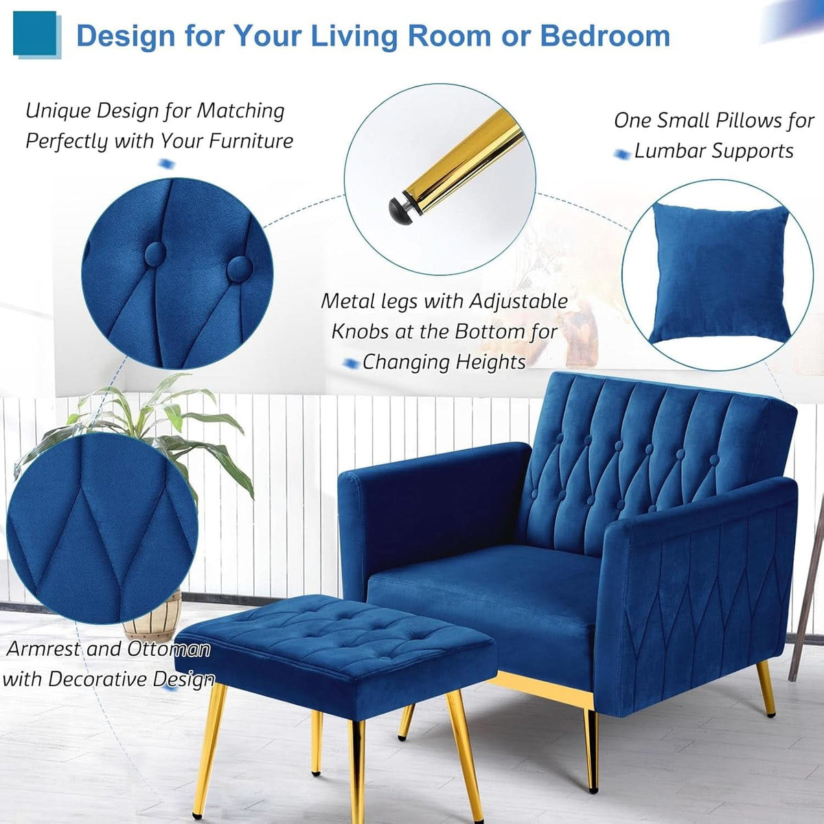 Velvet Futon Sofa Set Two Piece With Convertible Sofa Bed And Tufted Accent Chair In Blue