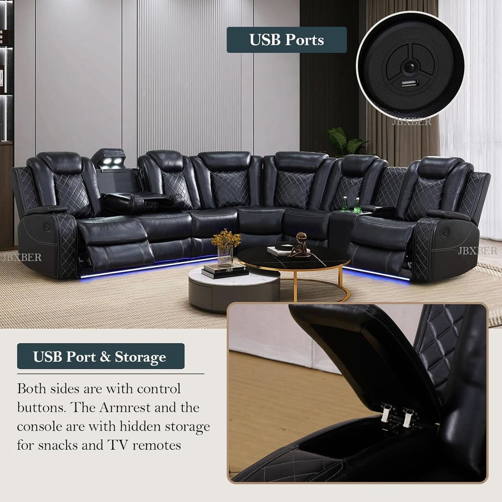 Power Recliner Sectional Sofa Set In Black With Led Lights