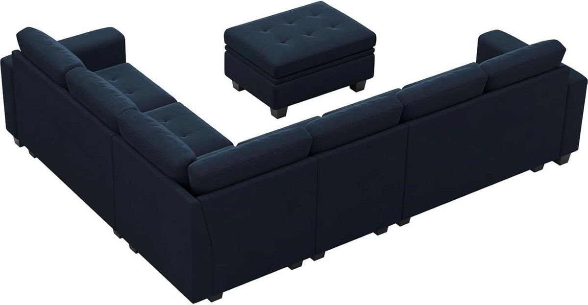 Velvet L Shaped Sofa Reversible Chaise Storage Ottoman Blue