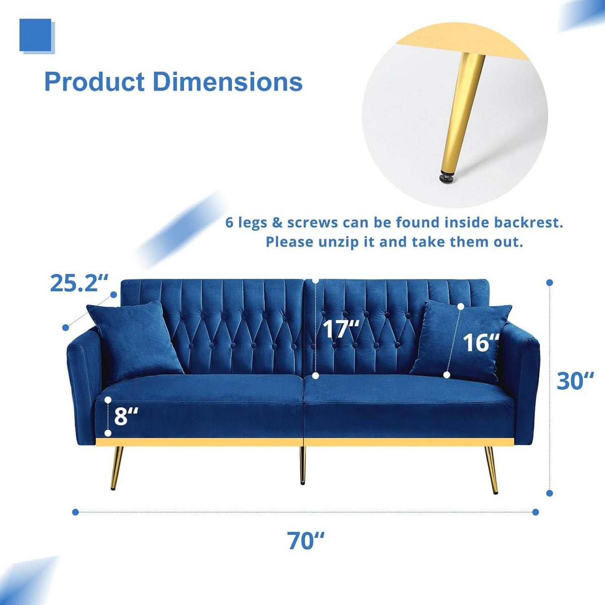 Velvet Futon Sofa Set Two Piece With Convertible Sofa Bed And Tufted Accent Chair In Blue