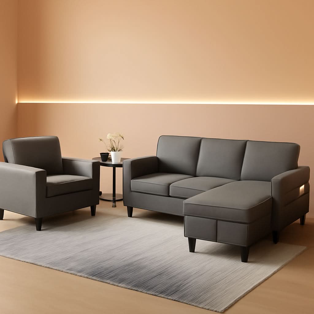 3 Piece Convertible Sofa Set With Linen Upholstery And Storage Ottoman Dark Grey